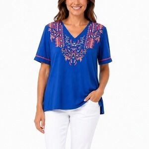 Chico's Top 4 XXL‎ Blue Embroidered V-Neck Short Sleeve Boho Floral Casual NWT